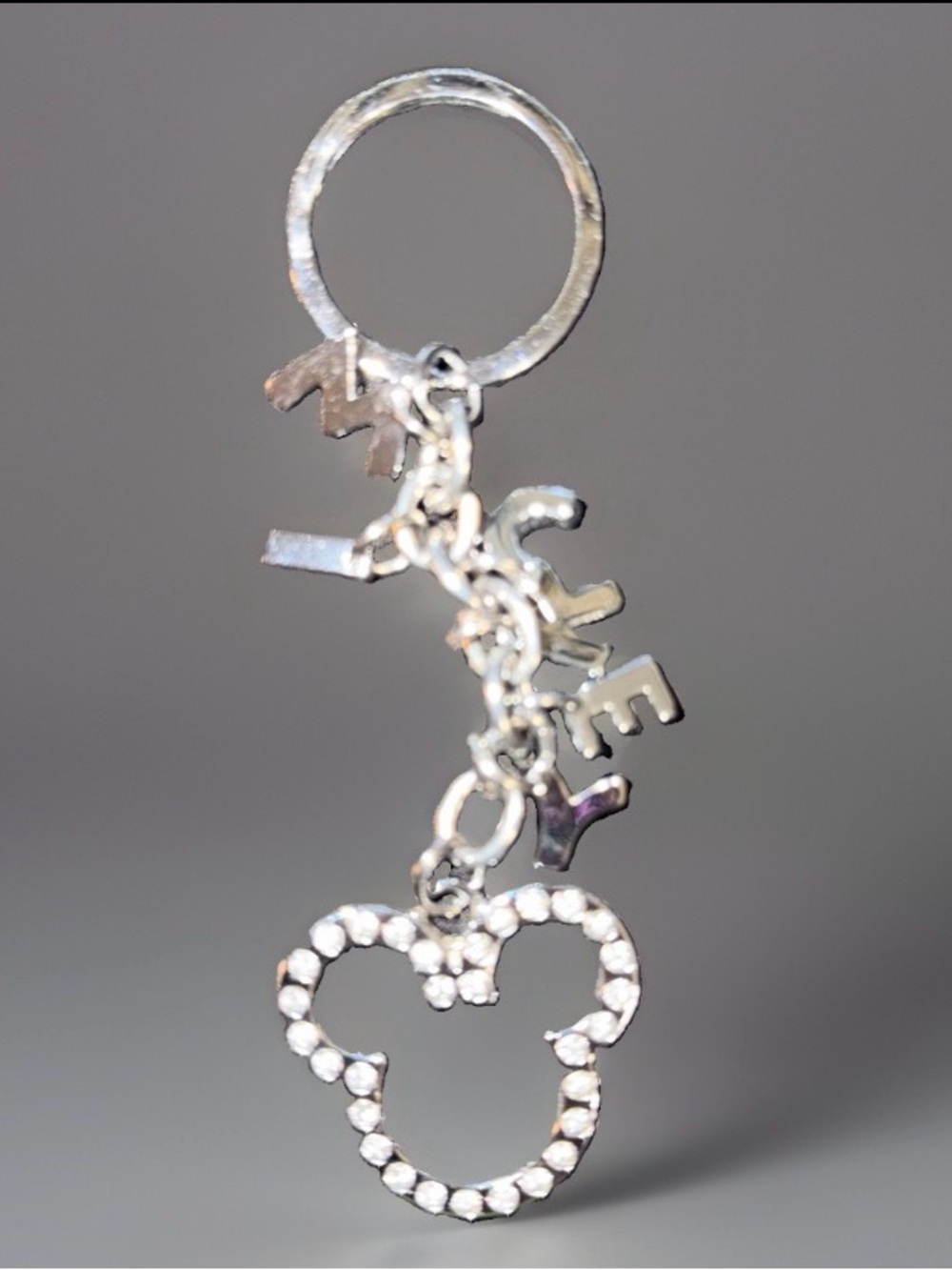Disney Mickey Mouse Rhinestone Silhouette Keychain Silver Tone Charm Key Ring